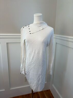 Club Monaco Ivory Sweater Dress Asymmetrical Neck Button Detail Women’s S